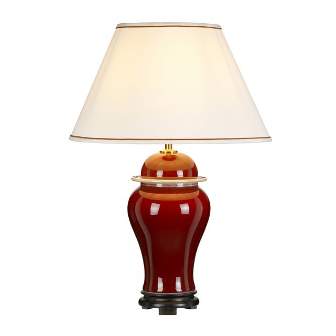OXBLOOD glazed blood red ceramic ginger jar table lamp with off white shade