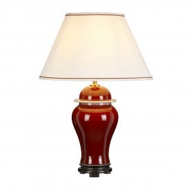 OXBLOOD glazed blood red ceramic ginger jar table lamp with off white shade