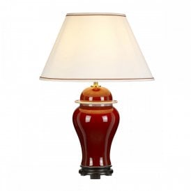 OXBLOOD glazed blood red ceramic ginger jar table lamp with off white shade
