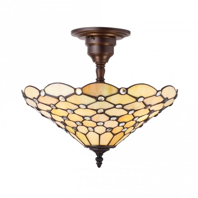 PEARL semi-flush Tiffany ceiling light with warm cream shade on bronze fitting