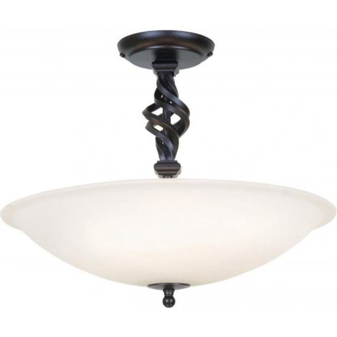 Pembroke Semi-Flush Uplighter Ceiling Light Black Wrought Iron and Alabaster Glass