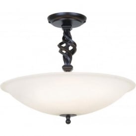 Pembroke Semi-Flush Uplighter Ceiling Light Black Wrought Iron and Alabaster Glass
