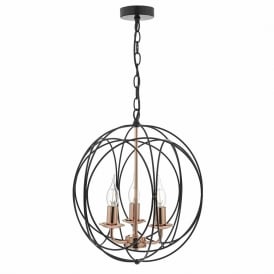 PHOENIX 3 light orb pendant in black with copper detailing