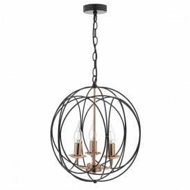 PHOENIX 3 light orb pendant in black with copper detailing