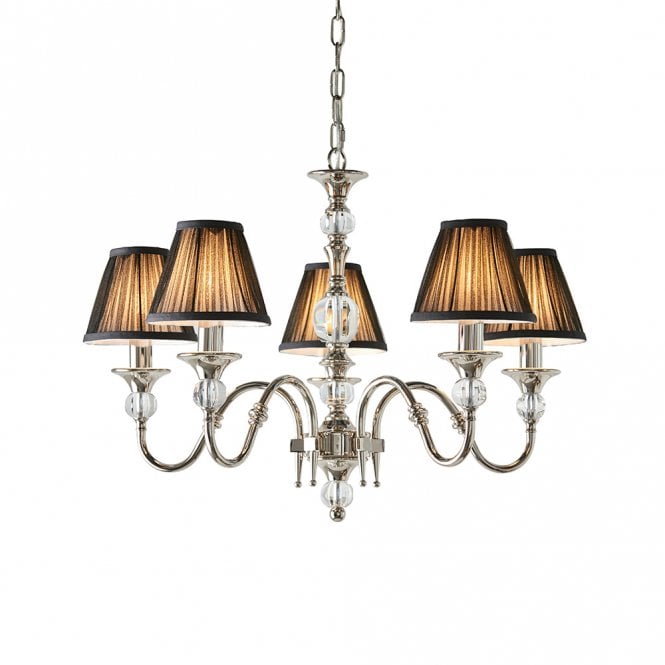 POLINA 5 light classic nickel chandelier with black shades and crystal detailing