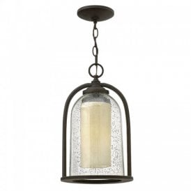 QUINCY rustic style bronze hanging porch lantern with bell glass shade