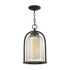 QUINCY rustic style bronze hanging porch lantern with bell glass shade