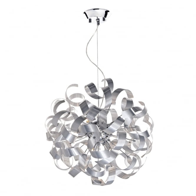 RAWLEY 9 light circular ceiling pendant wrapped in twirling aluminium ribbons
