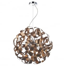 RAWLEY 9 light circular ceiling pendant wrapped in twirling copper ribbons