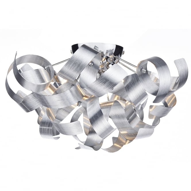RAWLEY flush fitting low ceiling light with twirling brushed aluminium ribbons