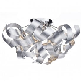 RAWLEY flush fitting low ceiling light with twirling brushed aluminium ribbons