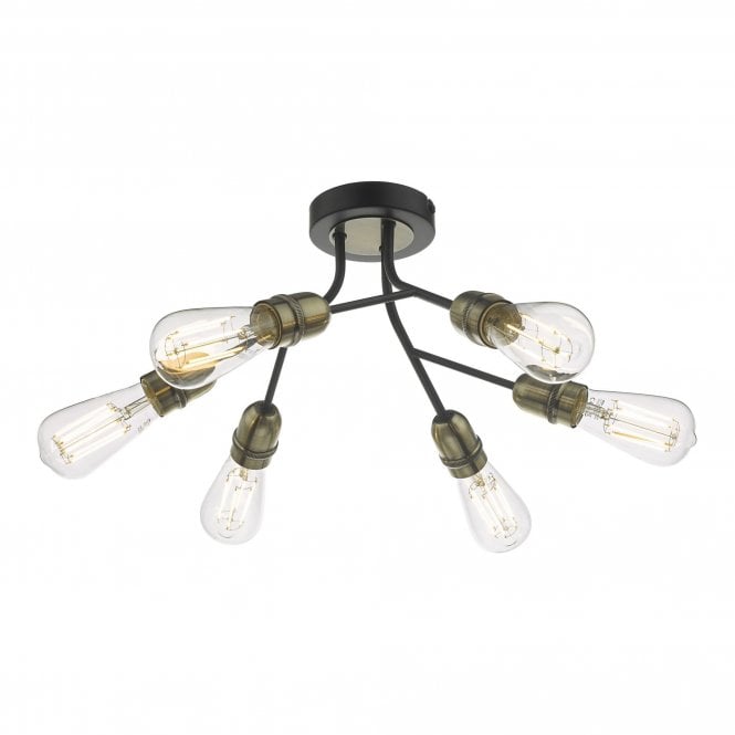 REMY industrial bare bulb antique brass and black semi-flush light for low ceilings