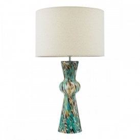 multi coloured glass table lamp with natural linen shade