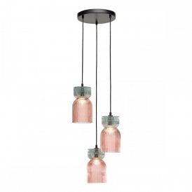3 light cluster pendant with pink and green ribbed glass shades
