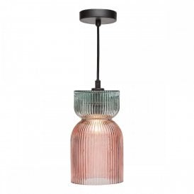 black pendant with pink and green ribbed glass shade