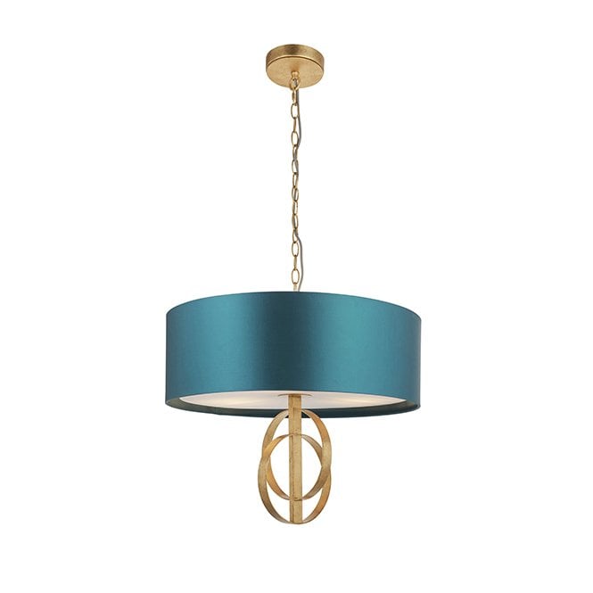 RIDLEY Double Hoop Gold Leaf Pendant Light With Large Teal Shade