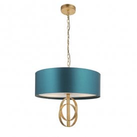 RIDLEY Double Hoop Gold Leaf Pendant Light With Large Teal Shade