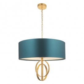 RIDLEY Double Hoop Gold Leaf Pendant Light With Xl Teal Shade