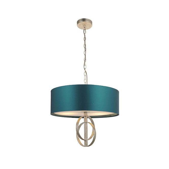 RIDLEY Double Hoop Silver Leaf Pendant Light With Large Teal Shade