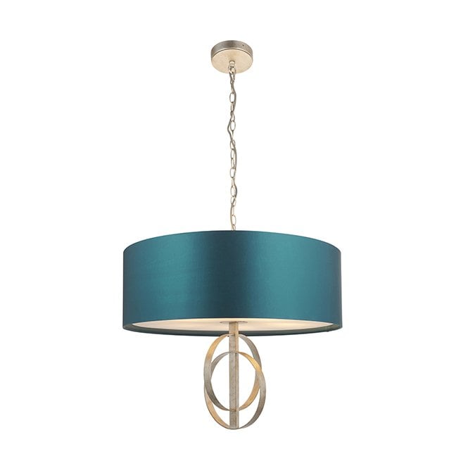 RIDLEY Double Hoop Silver Leaf Pendant Light With Xl Teal Shade