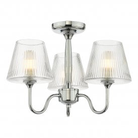A modern, deco-inspired, polished chrome, semi-flush bathroom ceiling light with three ribbed glass shades