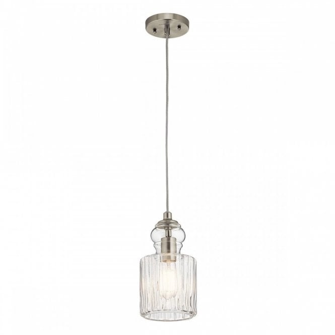 RIVIERA ceiling pendant on brushed nickel suspension with cylindrical glass shade