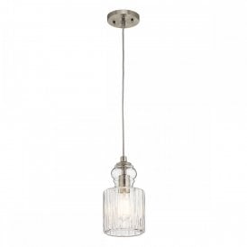 RIVIERA ceiling pendant on brushed nickel suspension with cylindrical glass shade