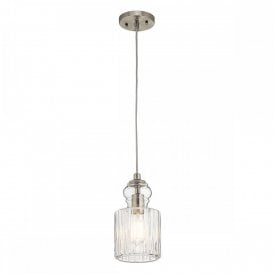 RIVIERA ceiling pendant on brushed nickel suspension with cylindrical glass shade