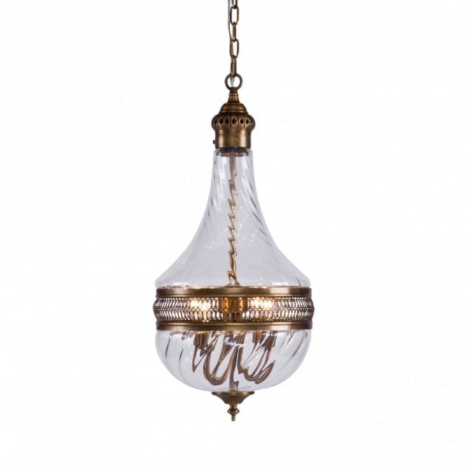 RIVLETS Ceiling Pendant | Antique Brass | Twisted Ribbed Glass Shade