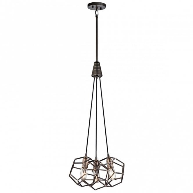 ROCKLYN 3 light cluster ceiling pendant with geodesic raw steel shades and brass highlights