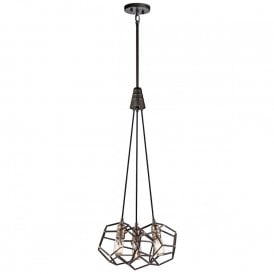 ROCKLYN 3 light cluster ceiling pendant with geodesic raw steel shades and brass highlights
