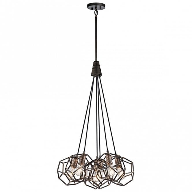 ROCKLYN 6 light cluster ceiling pendant with geodesic raw steel shades and brass highlights
