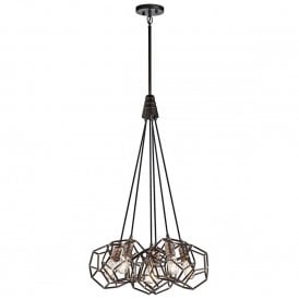 ROCKLYN 6 light cluster ceiling pendant with geodesic raw steel shades and brass highlights