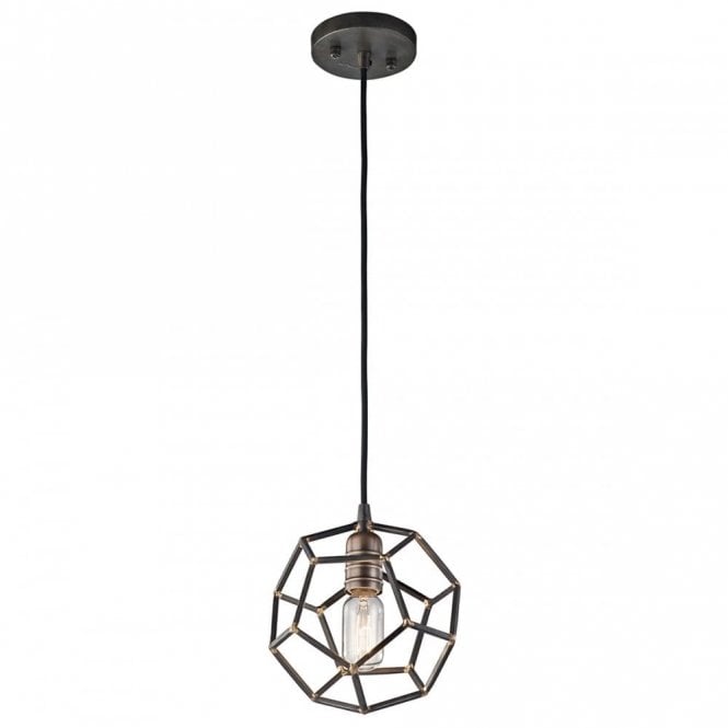 ROCKLYN small ceiling pendant with geodesic raw steel shade and brass highlights