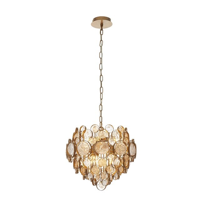 ROLEAU Antique Gold Chandelier With Clear And Amber Glass Details