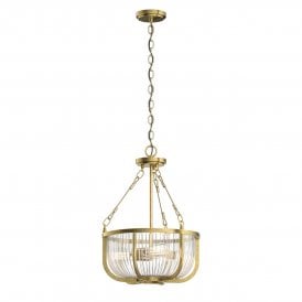 3 Light Pendant/ Semi-Flush in Brass and Clear Ribbed Glass