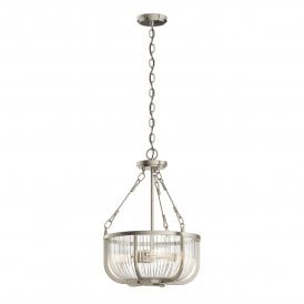 3 Light Pendant/ Semi-Flush in Brushed Nickel and Clear Ribbed Glass
