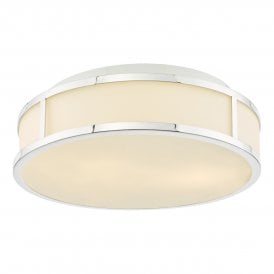 modern art deco inspired flush bathroom ceiling light in polished chrome with opal glass shade