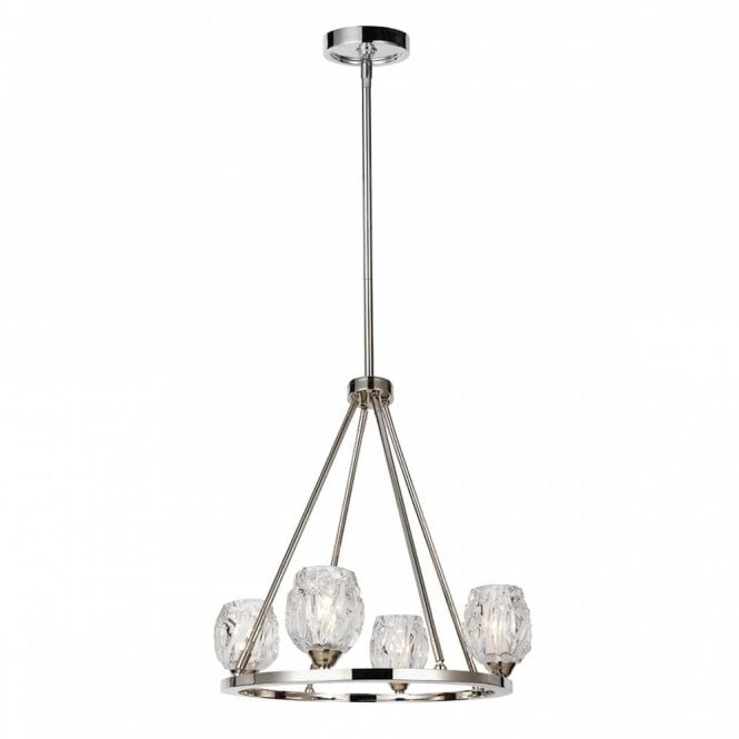 RUBIN modern ring chandelier in nickel with 4 faceted glass votive shades