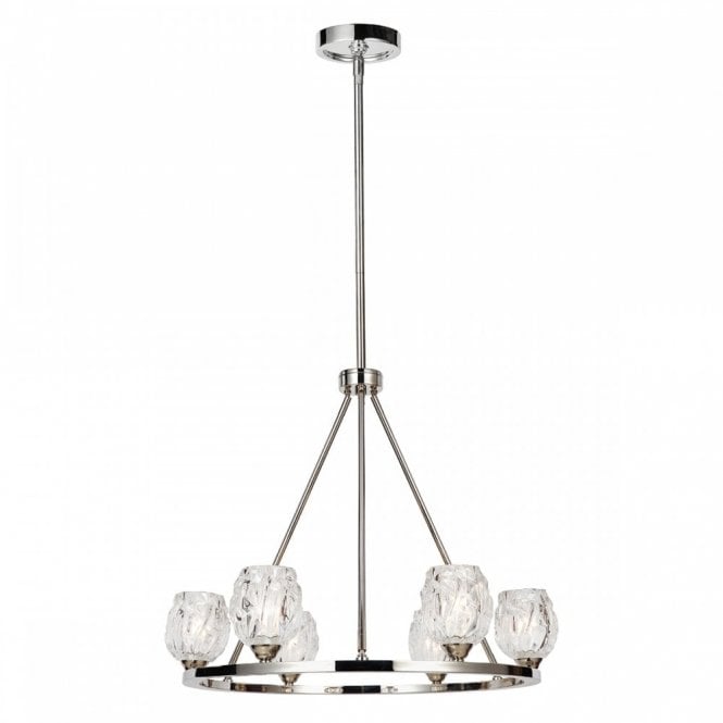 RUBIN modern ring chandelier in nickel with 6 faceted glass votive shades