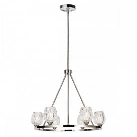 RUBIN modern ring chandelier in nickel with 6 faceted glass votive shades