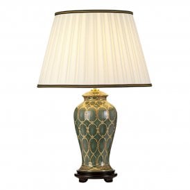 SASHI green ceramic temple jar table lamp with gold detailing and ivory shade