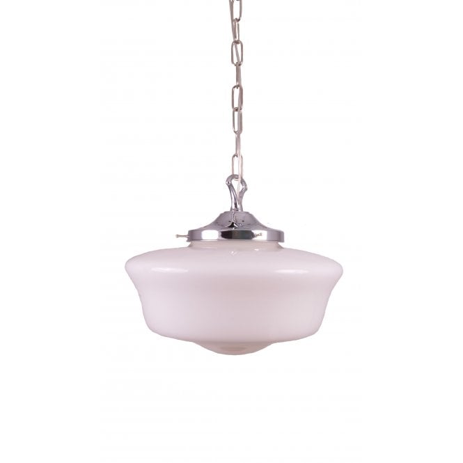 SCHOOL HOUSE 1920's opal glass ceiling pendant on chrome fitting