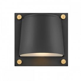 black exterior wall light with hood and decorative screws