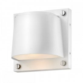 white exterior wall light with hood and decorative screws