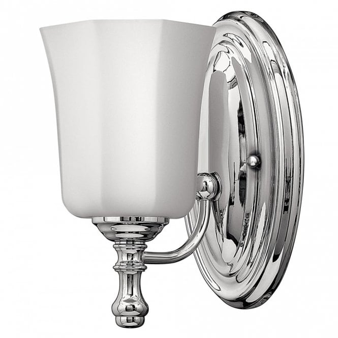 SHELLY traditional IP44 bathroom wall light in chrome with opal glass shade