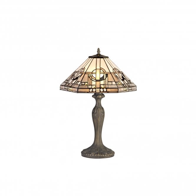 SIAN Tiffany 2 Light Curved Table Lamp White, Grey, Black, Clear Crystal, Antique Brass