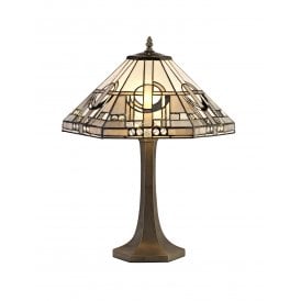SIAN Tiffany 2 Light Octagonal Table Lamp White, Grey, Black, Clear Crystal, Antique Brass