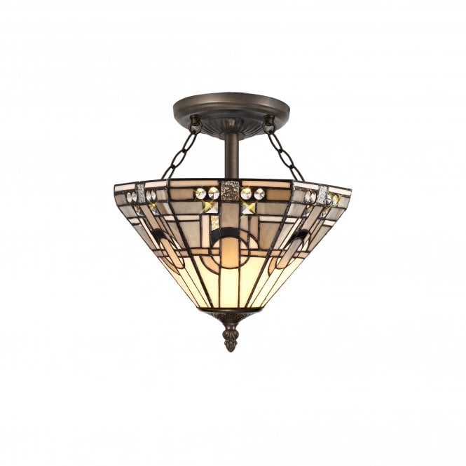 SIAN Tiffany 2 Light Semi-Flush Ceiling Light. White, Grey, Black, Clear Crystal, Antique Brass