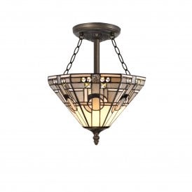 SIAN Tiffany 3 Light Semi-Flush Ceiling 31cm, White, Grey, Black, Clear Crystal, Antique Brass